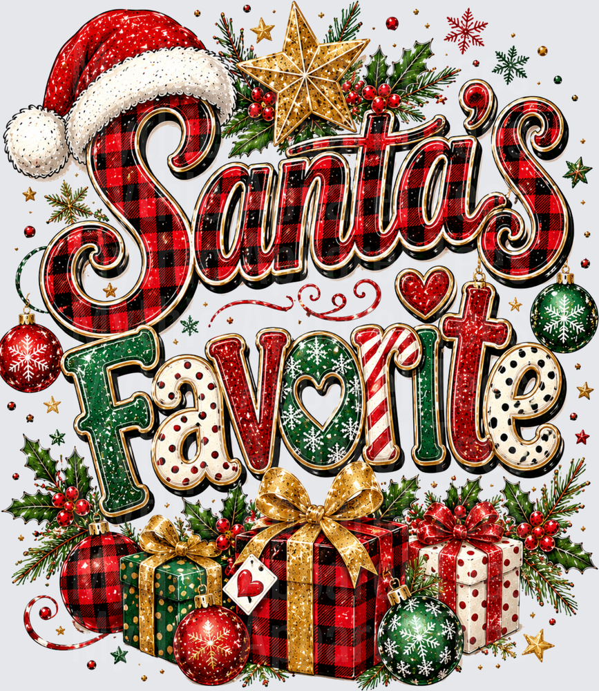 Santa's Favorite Buffalo Plaid Christmas Holiday Typography with Gifts Ornaments Holly and Santa Hat
