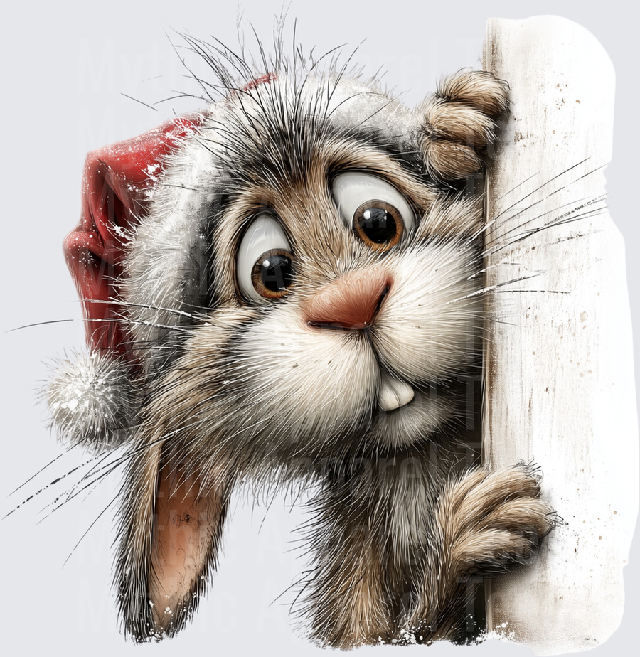Curious Fluffy Rabbit Peeking Around Corner Wearing Santa Hat Christmas Holiday