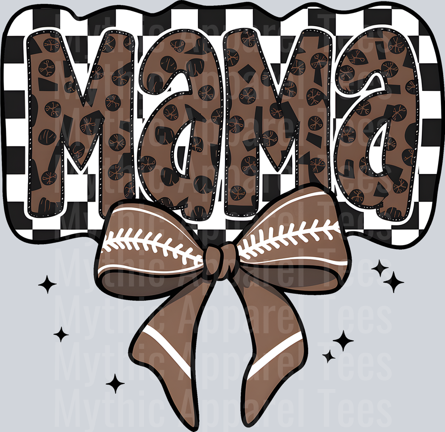 mama football Brown and Black Checkers and Bow with Football stitch
