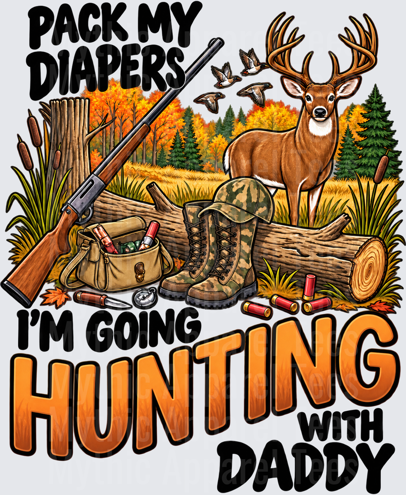 Hunting and Fishing Pack My Diapers I'm Going Hunting With Daddy Buck Deer Rifle Camo Boots Fall Forest Baby Humor