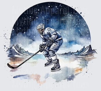 Ice Hockey Player Watercolor Night Sky Mountain Scene