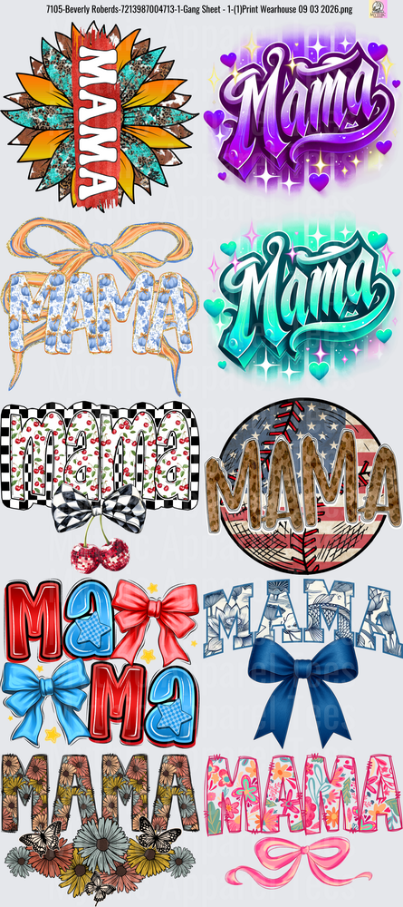 Gang Sheet FULL SIZE DESIGNS Mama Lettering Collection with Bows Hearts Sunflowers Plaid Patterns