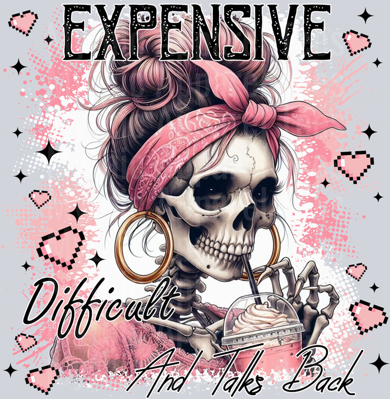 Expensive Difficult And Talks Back Pink Hearts and Skull Girl DTF Skull Transfers