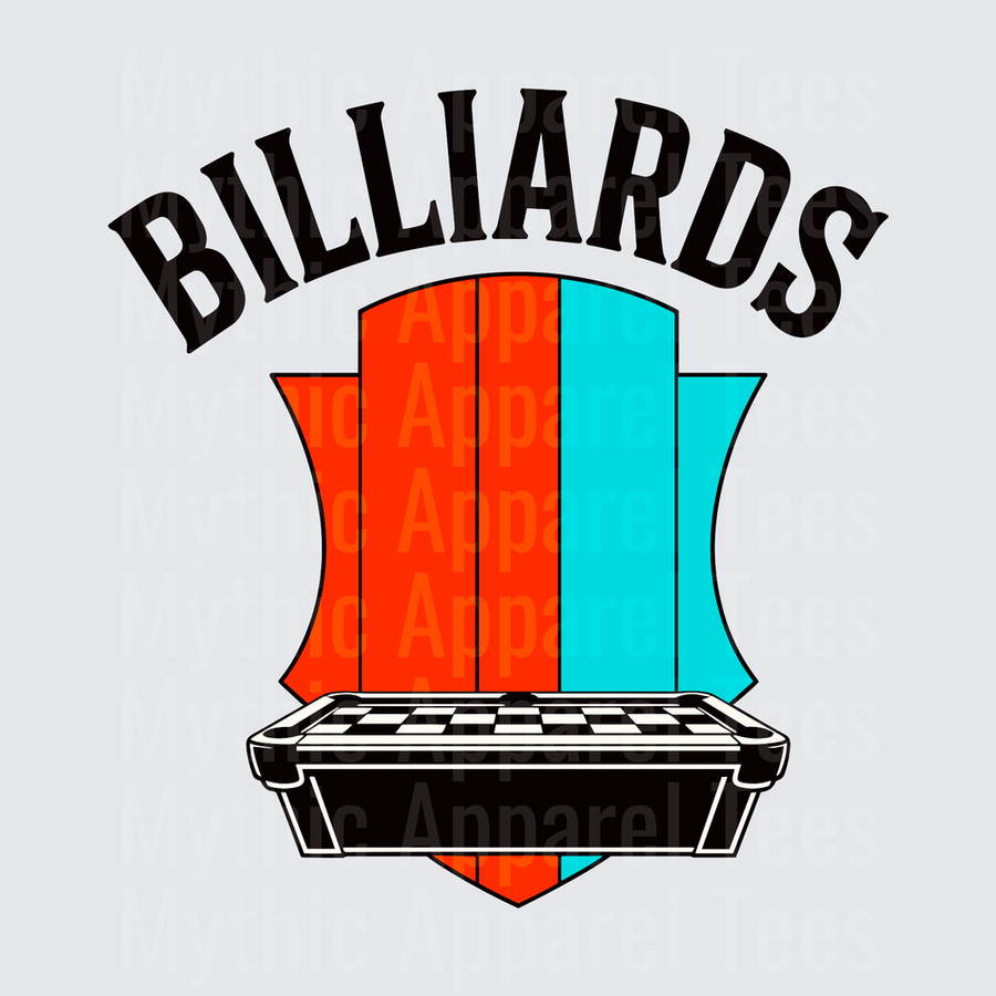 Billiards Pool Table Orange and Teal Shield Badge Arched Text Logo