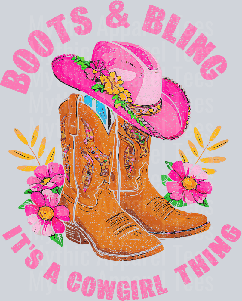 Flowers and Hat Pink Tan Boots and Bling Its a Colorful Thing DTF Western Girl Transfers