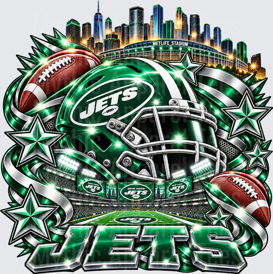 New York Jets Green Helmet Metlife Stadium Skyline Football Collage Glitter Design