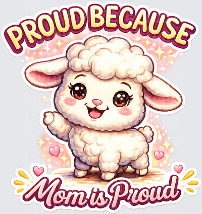 Proud Because Mom Is Proud Cute Kawaii Baby Lamb with Pink Hearts and Sparkles