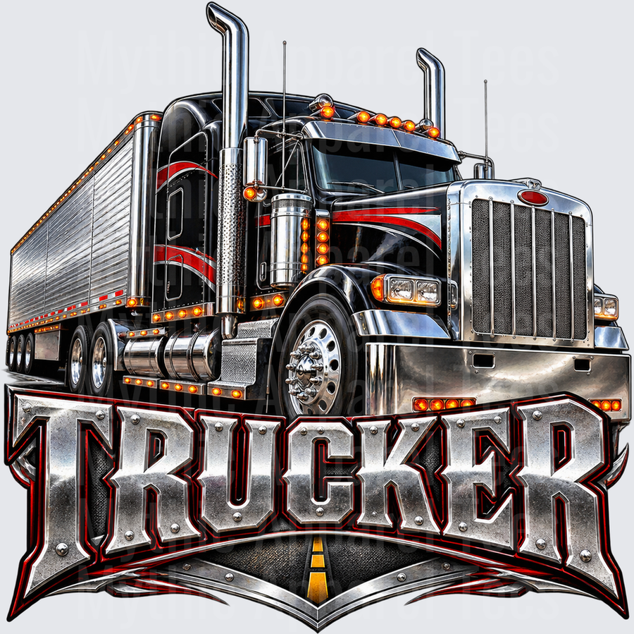 Black and Chrome Semi Truck with Red Accents Bold Trucker Lettering