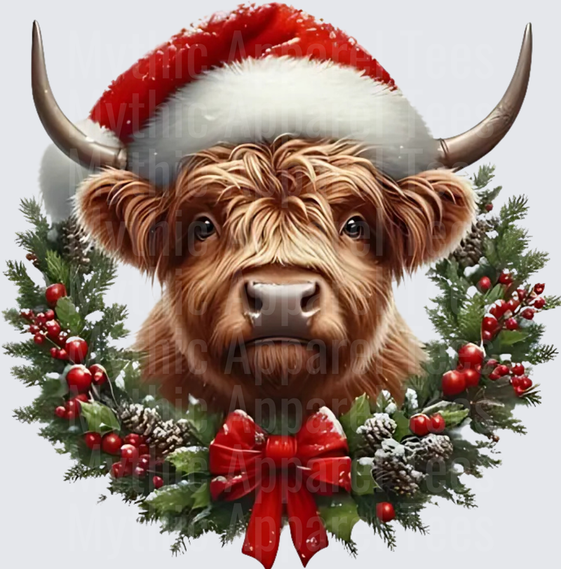 Highland Christmas Cow Santa Hat Wreath Holly Berries