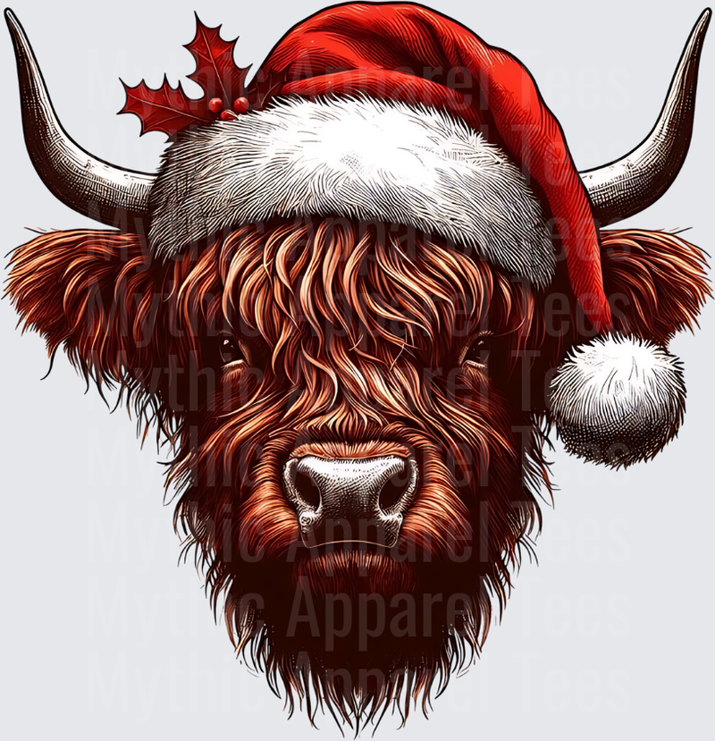 Highland Christmas Cow Santa Hat Holly Portrait with Horns