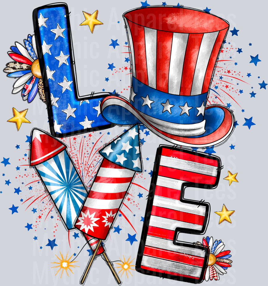 Love America Hat Firework 4th of July DTF Patriotic Transfers