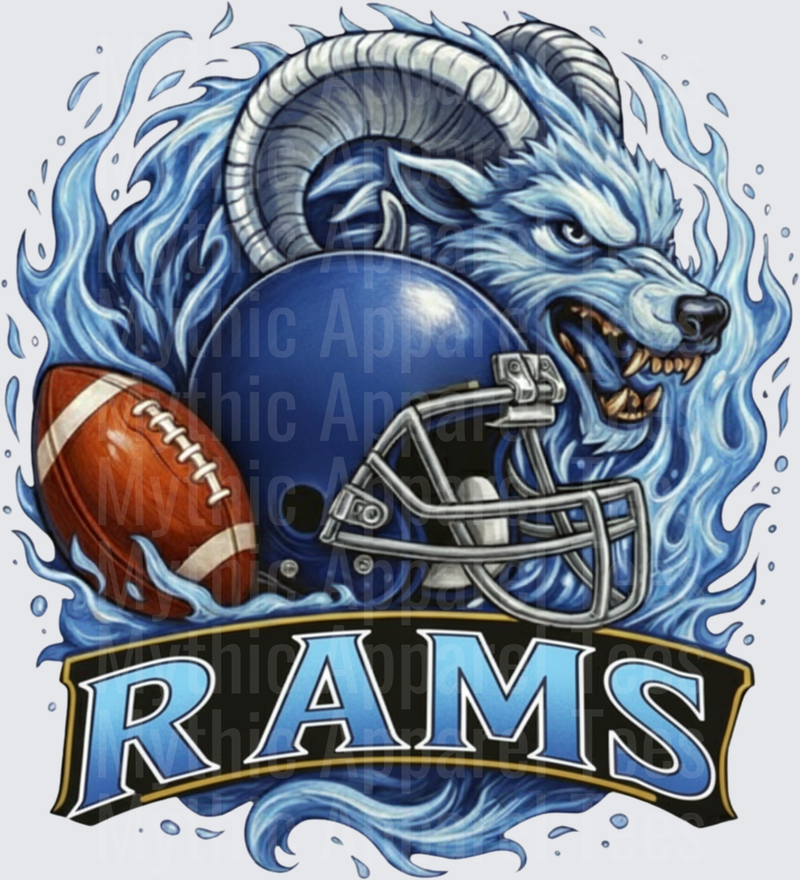 Fierce Blue Rams Mascot with Curled Horns Blue Flames Football Helmet and Ball Banner Design