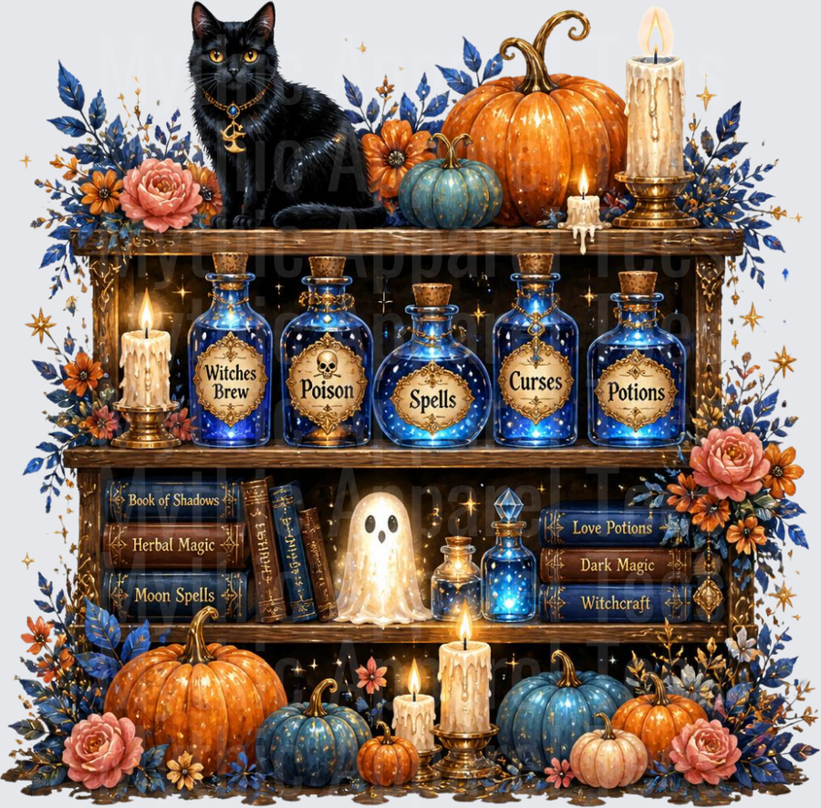 Halloween Witch Bookshelf Black Cat Potions Ghost Pumpkins