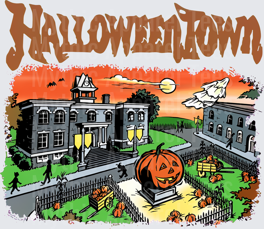 Halloweentown Disney Movie Town Square Giant Jack-O-Lantern Statue Spooky Buildings Orange Sky Bats Ghost Halloween Scene