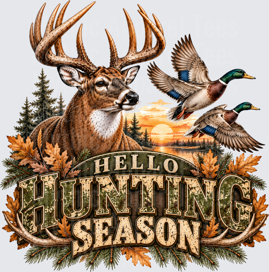 Hello Hunting Season Whitetail Buck and Mallard Ducks Sunset Autumn Forest Scene