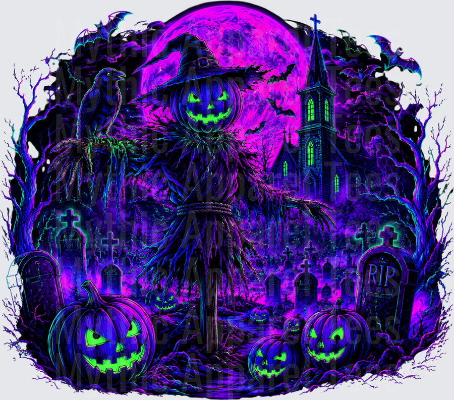 Neon Purple Pumpkin Scarecrow Graveyard with Glowing Jack-o-Lanterns Bats Raven and Haunted Church Under Full Moon