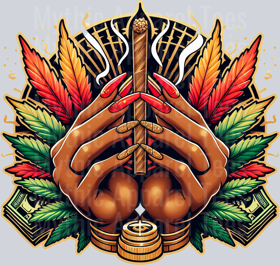 Blunt rolled with fingernails glam floral colors weed plant DTF Weed Transfers