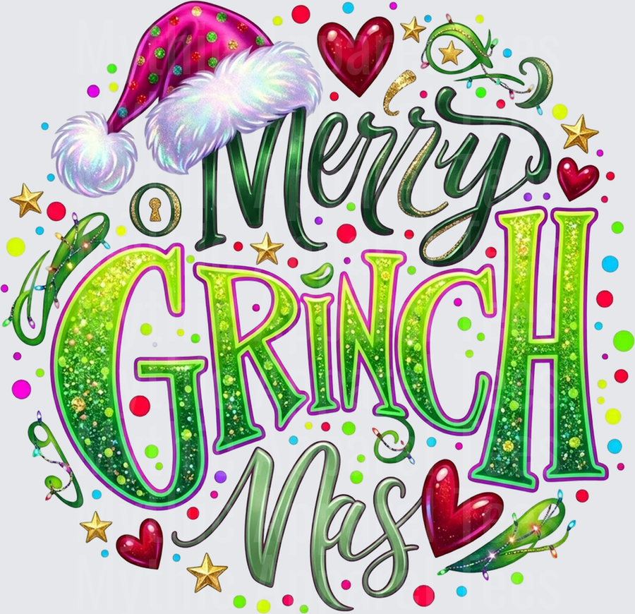 New Grinch Merry Grinchmas Glitter Santa Hat Hearts Stars Design