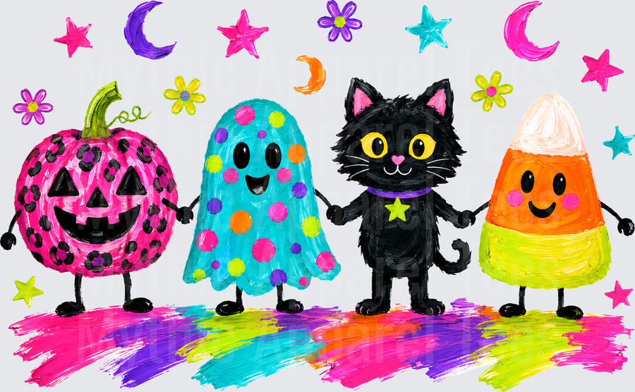 Halloween Bright And Fun Kawaii Jack-O-Lantern Ghost Black Cat And Candy Corn Friends Holding Hands With Colorful Stars Moons And Flowers