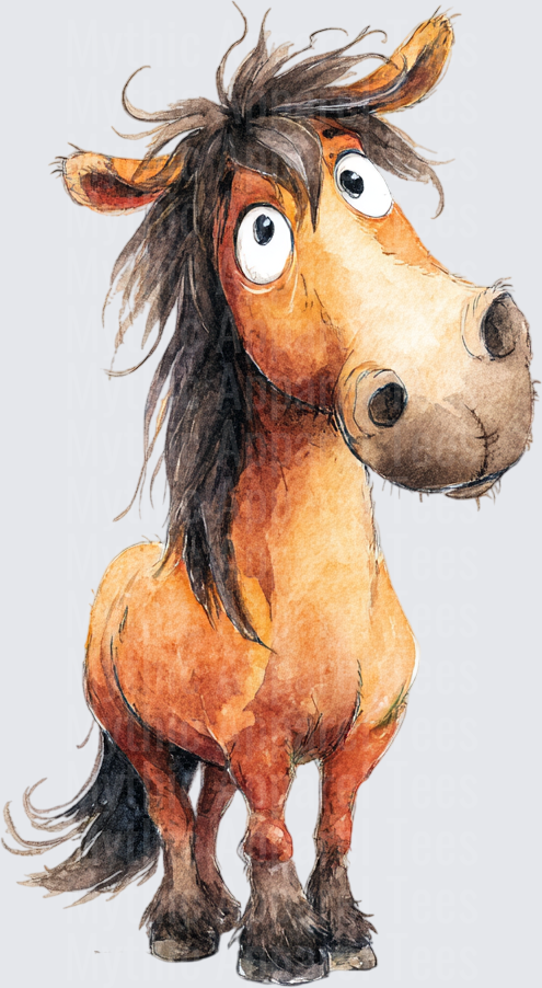 Cute Cartoon Bay Horse with Wild Mane and Big Googly Eyes Watercolor Illustration