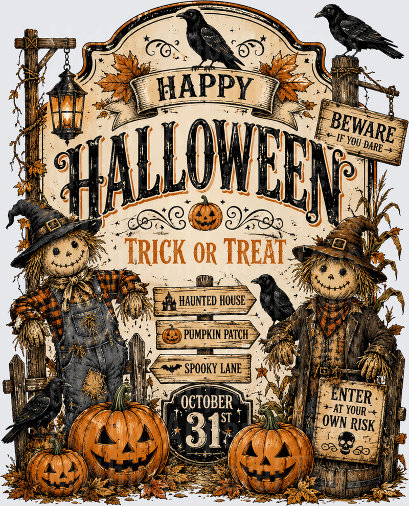 Vintage Happy Halloween Trick or Treat October 31st Scarecrow Duo with Jack-o-Lanterns Crows and Haunted House Directional Signs Rustic Farmhouse Design