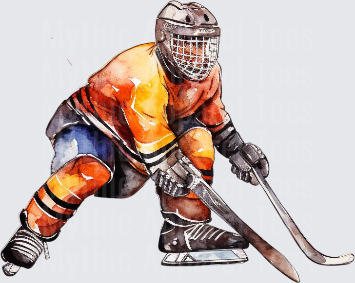 Ice Hockey Player Watercolor Orange Jersey Cage Helmet