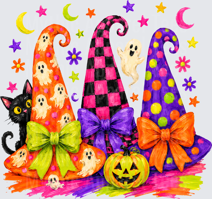Halloween Bright And Fun Trio of Witch Hats with Ghosts Pumpkin and Black Cat Colorful Stars Moons and Floral Accents