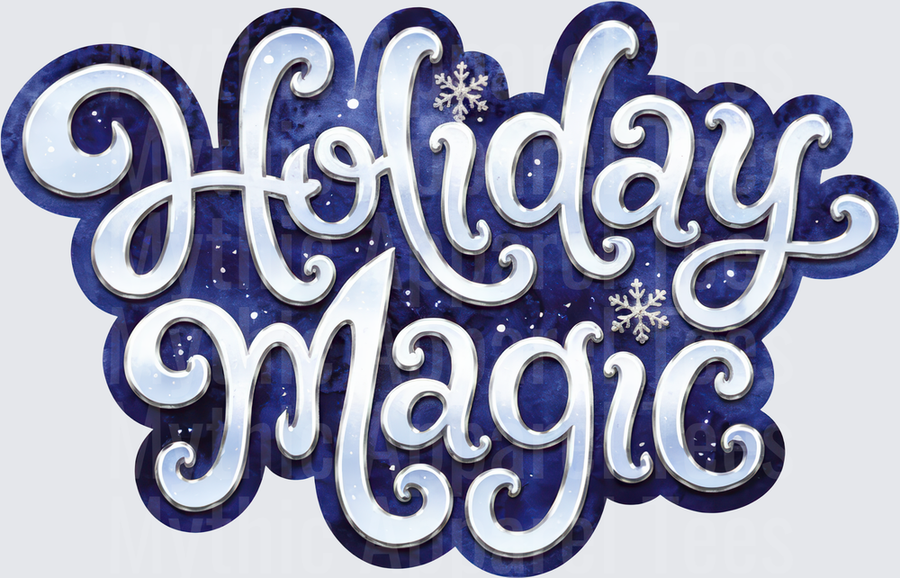 Holiday Magic Festive Script Lettering with Snowflakes on Deep Blue Watercolor Background