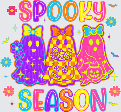 Halloween Spooky Season Retro Groovy Ghost Trio with Bows Candy and Jack-o-Lantern Bright Colorful Floral Bat Design