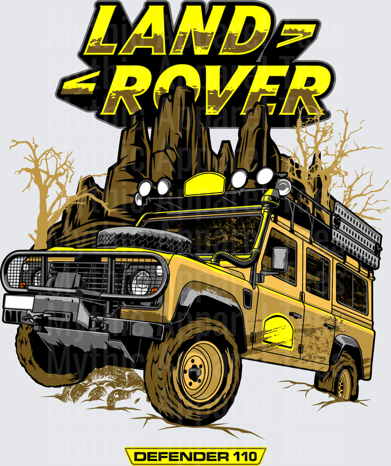 Drifting and Muscle Cars Land Rover Defender 110 Yellow Off-Road 4x4 Desert Rock Formation