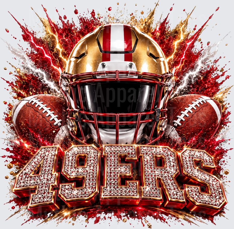 Rhinestone Style NFL San Francisco 49ers Gold and Red Football Helmet with Diamond Encrusted Text Lightning Explosion Design