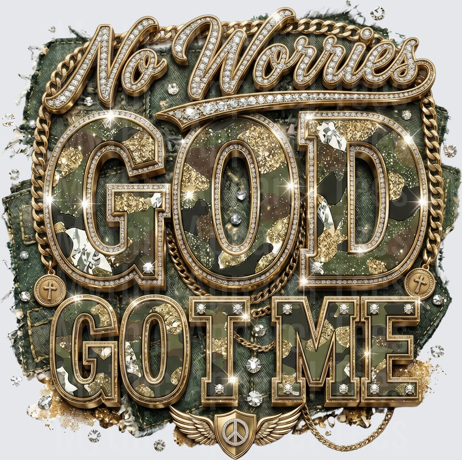 No Worries God Got Me Diamond Bling Gold Chain Camo Denim Christian Faith Design