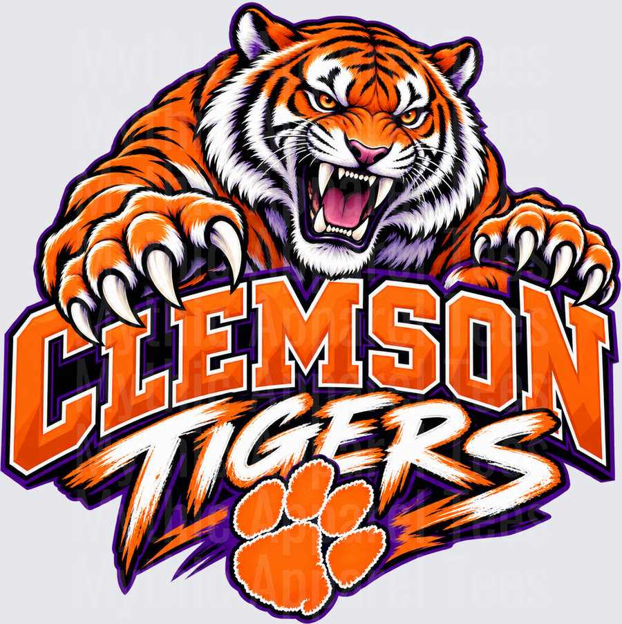 Football Clemson Tigers Fierce Roaring Tiger with Claws and Paw Print in Orange and Purple