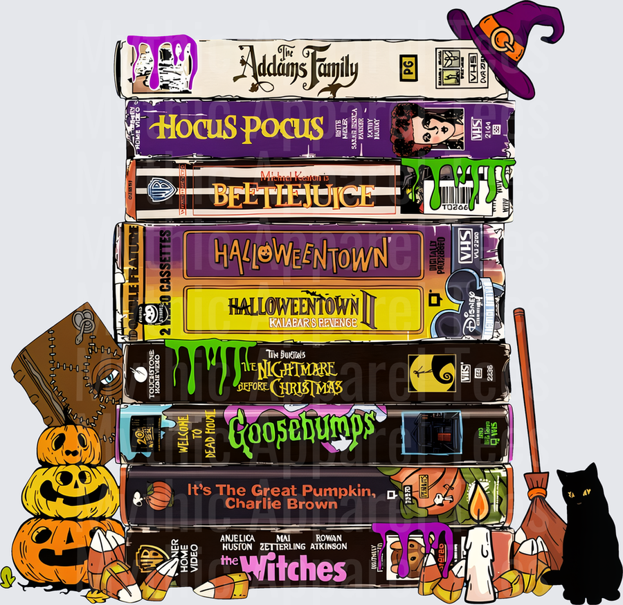 Stacked Halloween VHS Tapes Addams Family Hocus Pocus Beetlejuice Halloweentown Nightmare Before Christmas Goosebumps Charlie Brown Witches with Jack-o-Lanterns Black Cat Witch Hat Broomstick Candy Corn