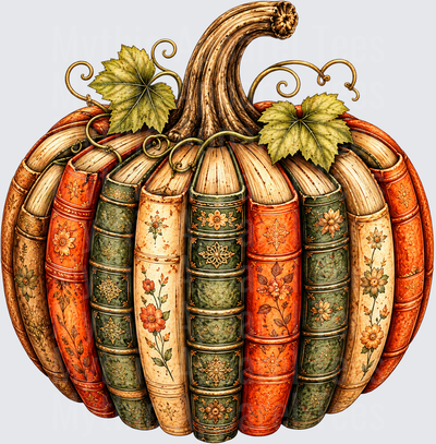 Fall Into the Pages Vintage Book Pumpkin with Floral Embossed Spines and Autumn Vine Leaves