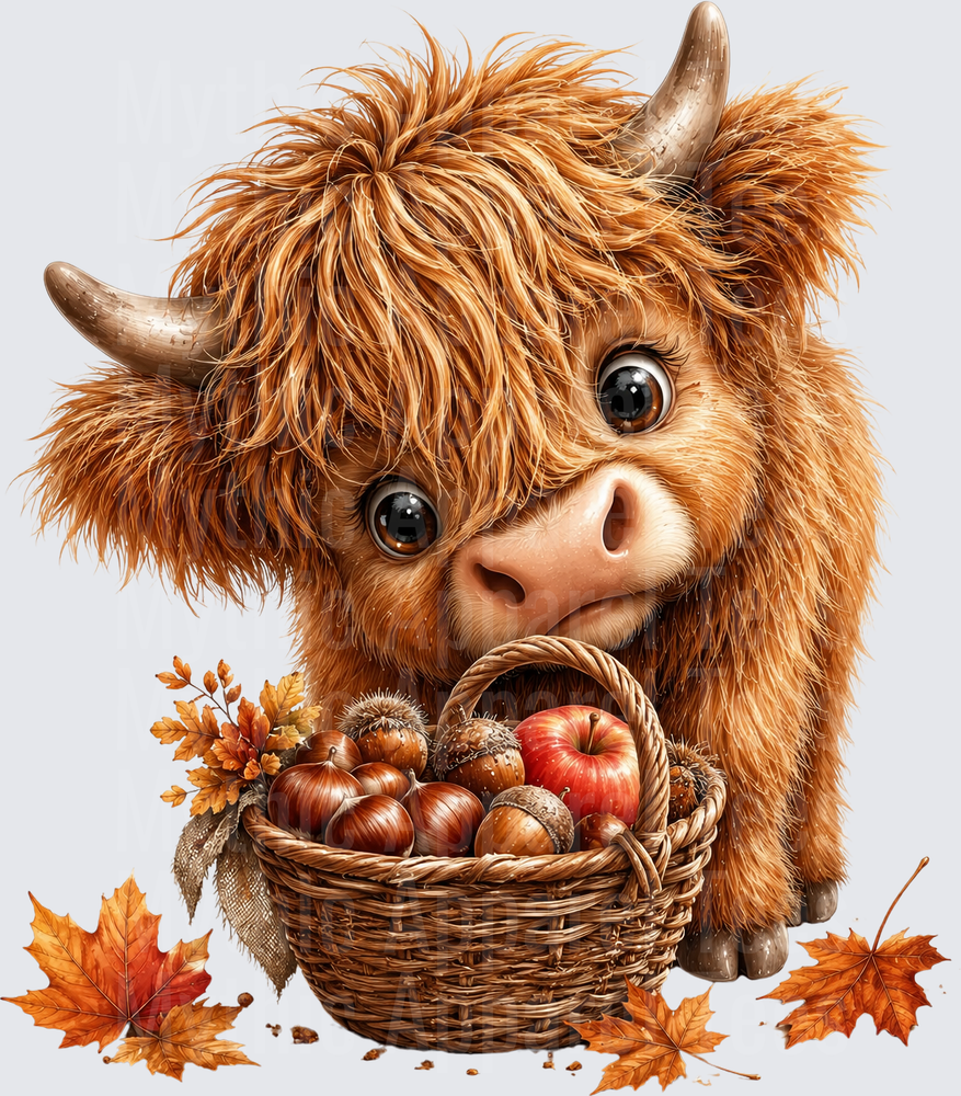 Cute Baby Highland Cow with Autumn Harvest Basket of Acorns Chestnuts and Apples Surrounded by Fall Maple Leaves