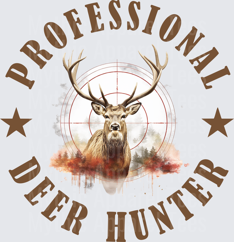 Professional Deer Hunter Buck with Rifle Scope Crosshair Watercolor Forest Circular Badge with Stars