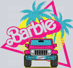 Barbie, Retro Jeep, Cute Character, Pop Culture, Summer, Palm Trees, Bright Colors