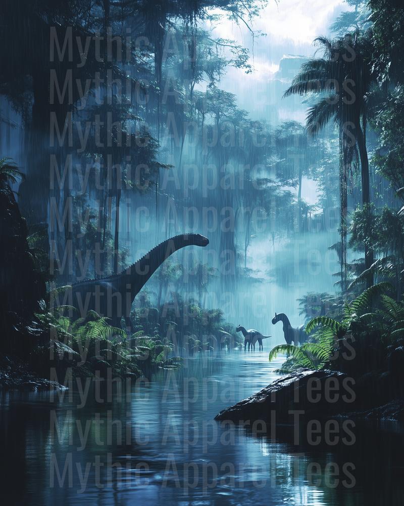 Brachiosaurus Herd Wading Through Misty Prehistoric Jungle River in Blue Moonlight Rain