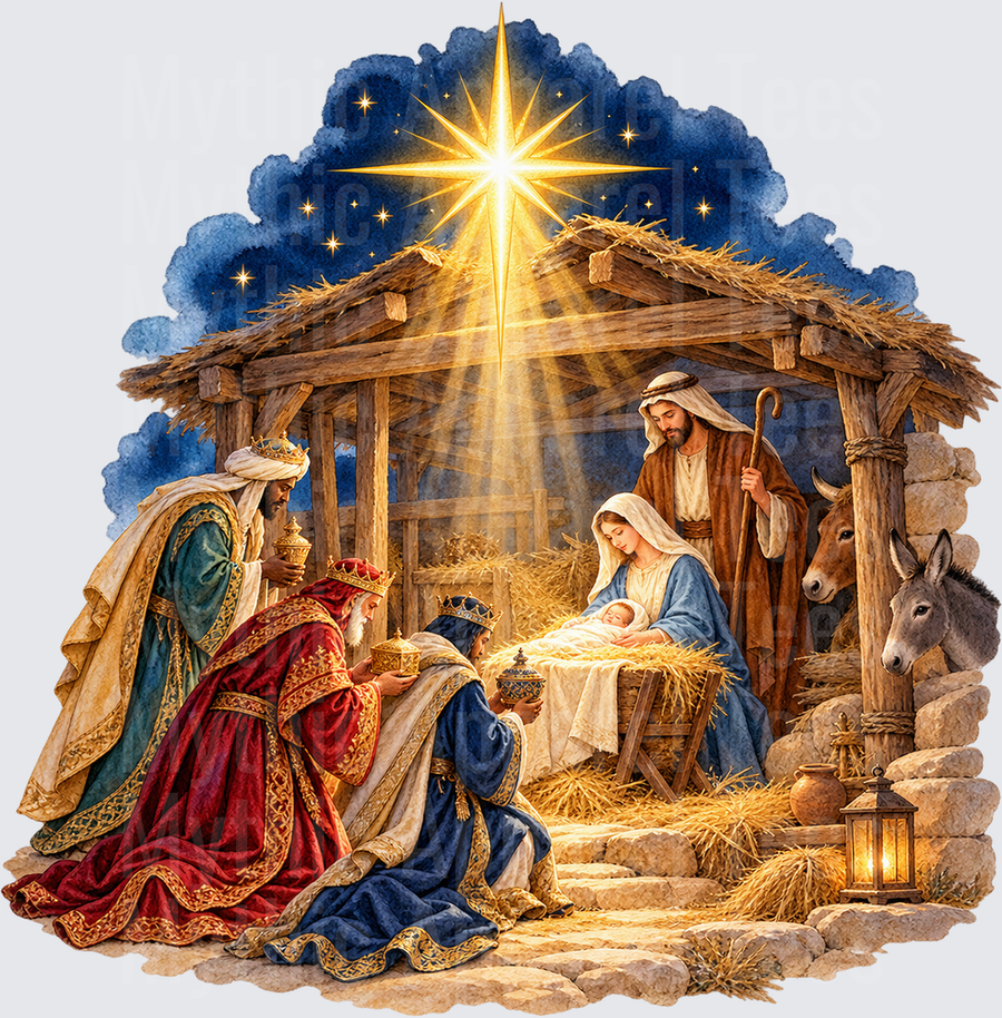 Watercolor Nativity Scene Three Wise Men Presenting Gifts to Baby Jesus Mary Joseph Manger Star of Bethlehem Night Sky