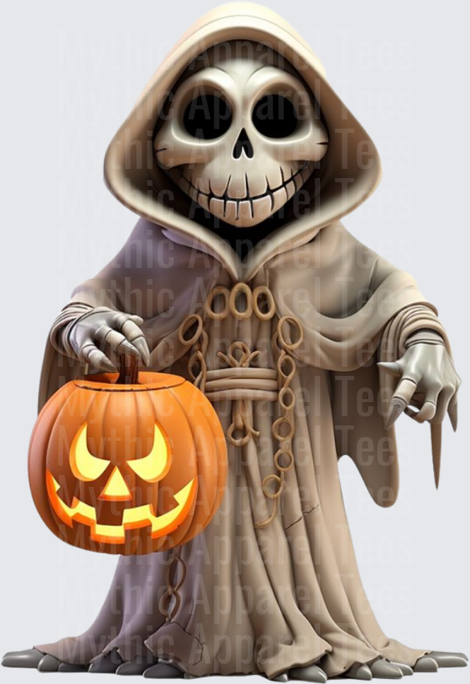 Halloween Hooded Skeleton Reaper Holding Glowing Jack-O-Lantern
