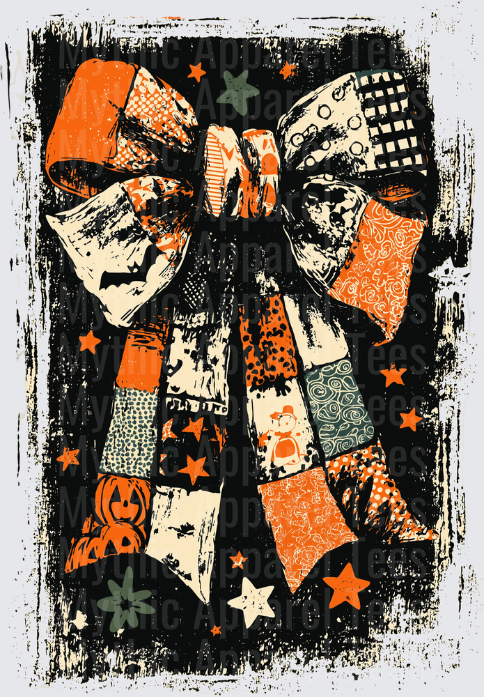Distressed Halloween Patchwork Bow with Jack-o-Lanterns Bats Stars and Mixed Pattern Ribbons on Grunge Black Background