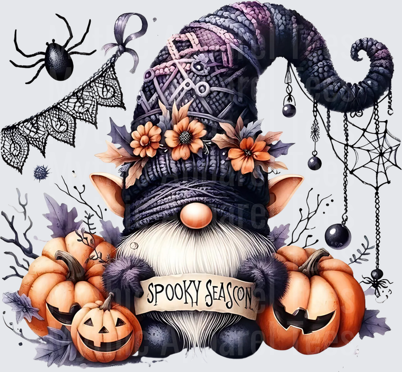 Spooky Season Halloween Gnome with Jack-O-Lanterns Pumpkins Spider Webs and Floral Witch Hat