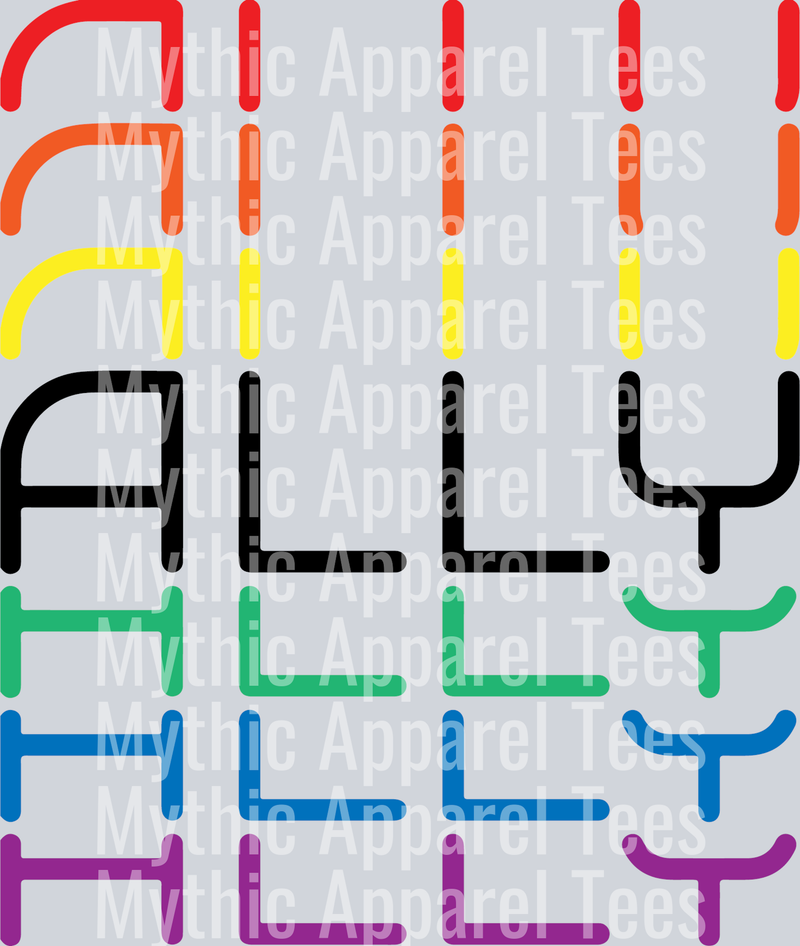 Stretched ALLY rainbow text LGBTQ+ Transfer