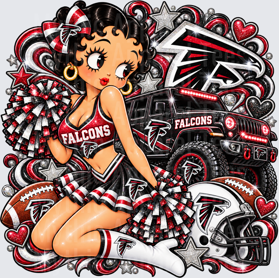 Betty Boop Atlanta Falcons Cheerleader with Jeep Helmet and Football Glitter Fan Design