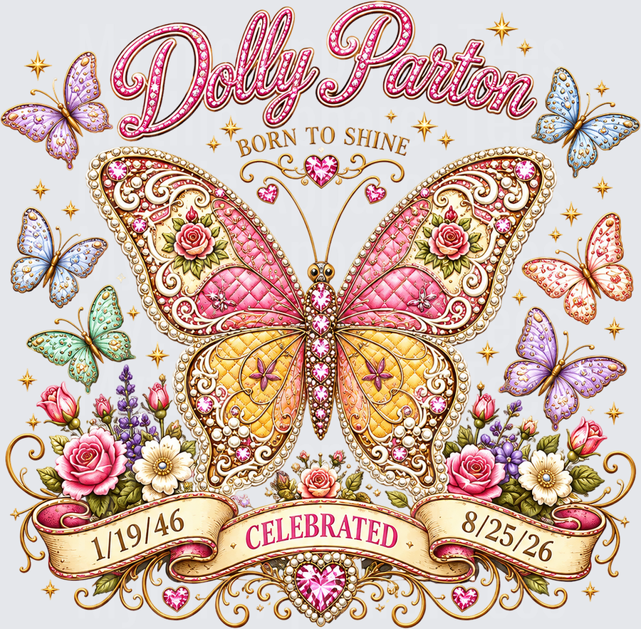Dolly Parton Born To Shine Jeweled Butterfly Floral Celebration 1/19/46 to 8/25/26 Banner with Pearls Gems and Colorful Butterflies