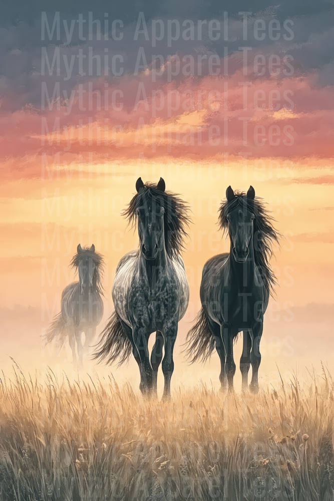 Wild Horses Running Through Misty Golden Prairie at Sunset with Flowing Manes