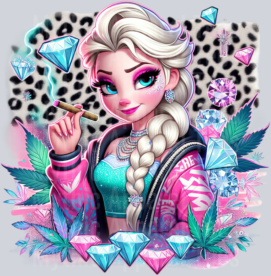Elsa Cheeta Print Jewels Smoking Weed DTF Weed Transfers
