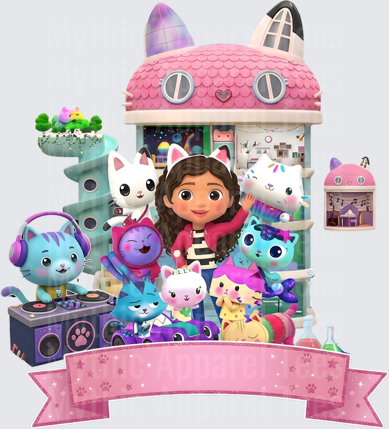 Gabby's Doll House Full Cast Group Scene with Pink Banner