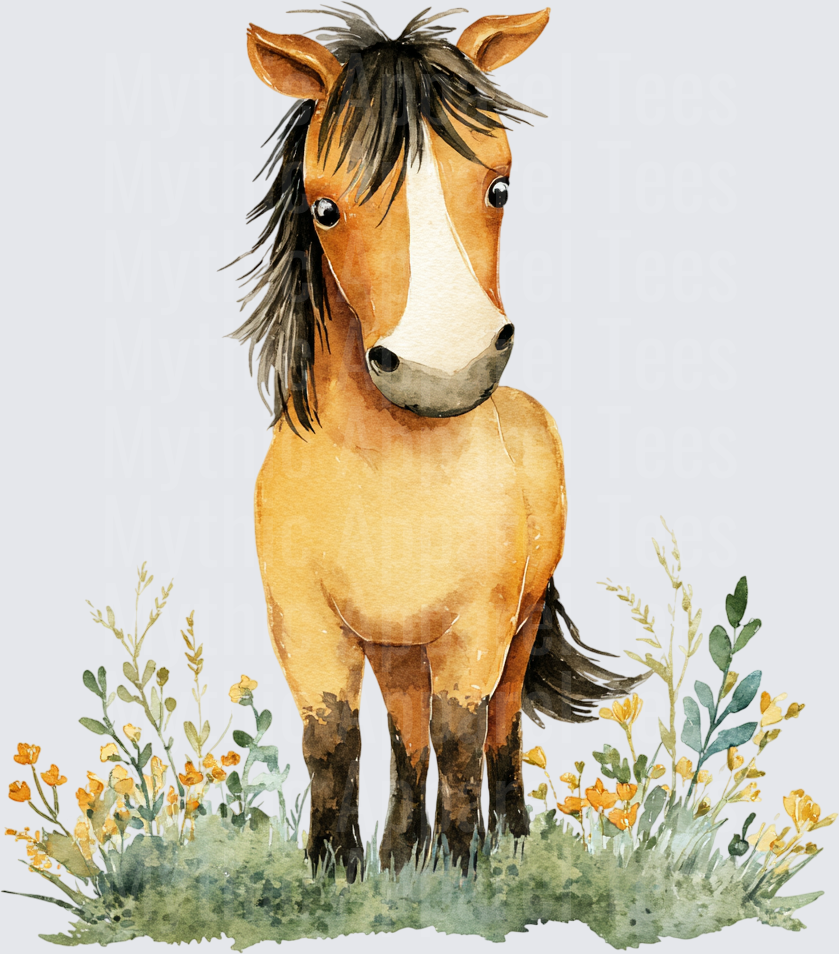 Cute Watercolor Baby Horse Standing in Wildflower Meadow with Yellow Blooms and Green Foliage